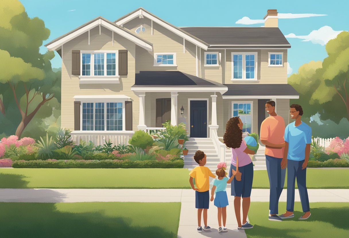 A family stands in front of a two-story home in long beach, with a well-manicured lawn and a sunny blue sky in the background