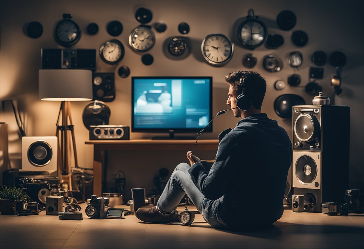 A person sitting in a quiet room, surrounded by various everyday objects like a clock, phone, and television, all emitting a loud, distorted ringing sound