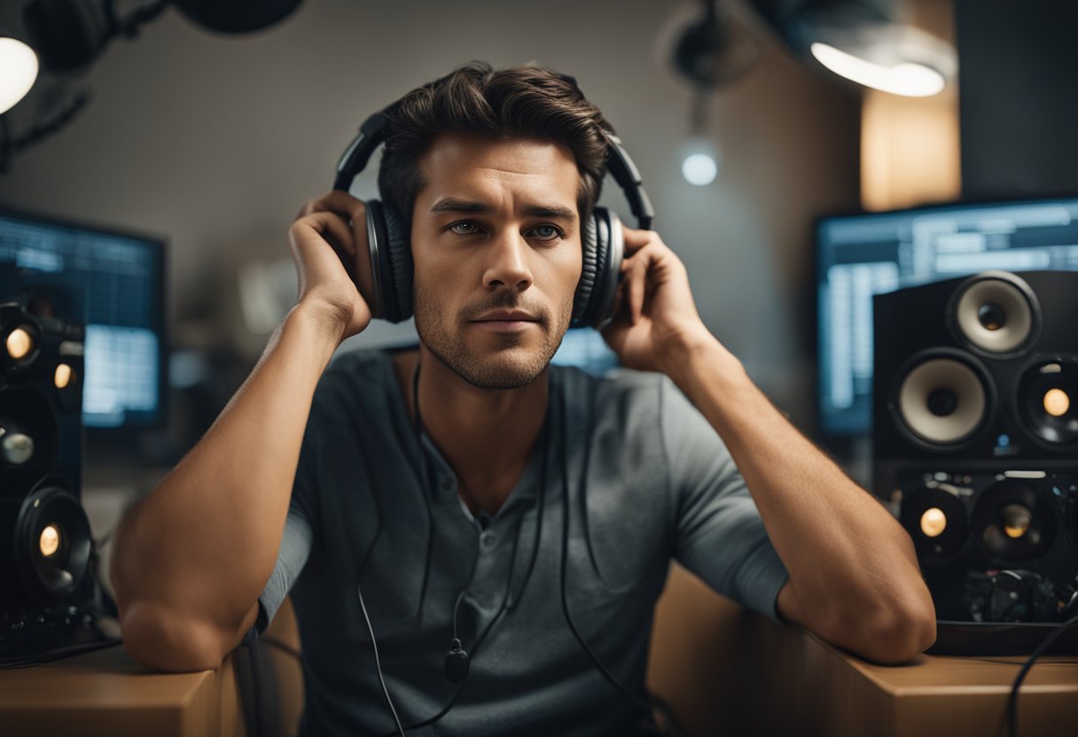 A person sitting in a quiet room, covering their ears with a pained expression on their face while surrounded by various sound sources