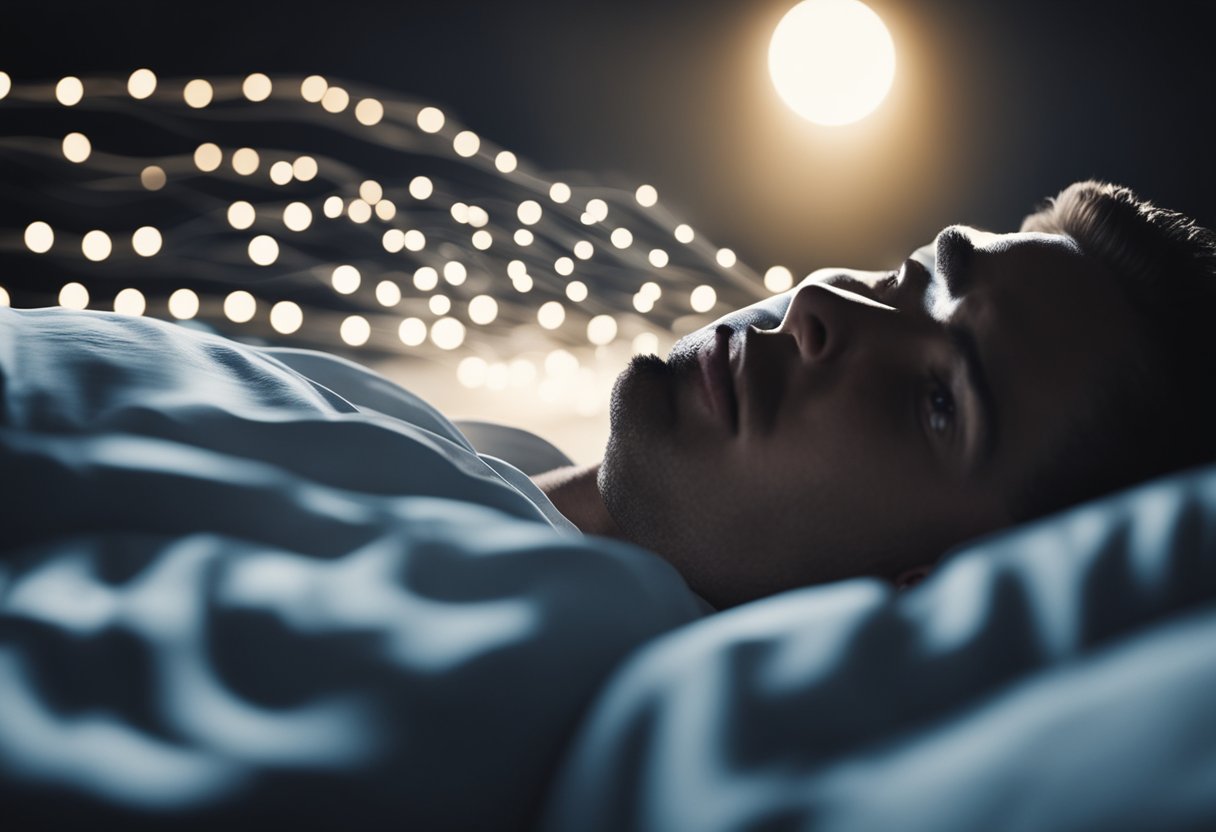 A person lying in bed, surrounded by darkness with a ringing sound depicted by wavy lines emanating from their head