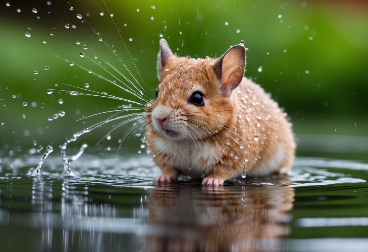 A chinchilla surrounded by water droplets, shaking its fur vigorously