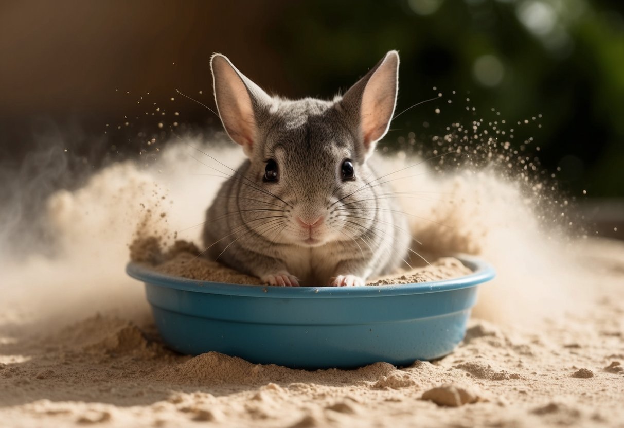 A chinchilla sitting in a dust bath, surrounded by fluffy clouds of dust, with a content expression on its face