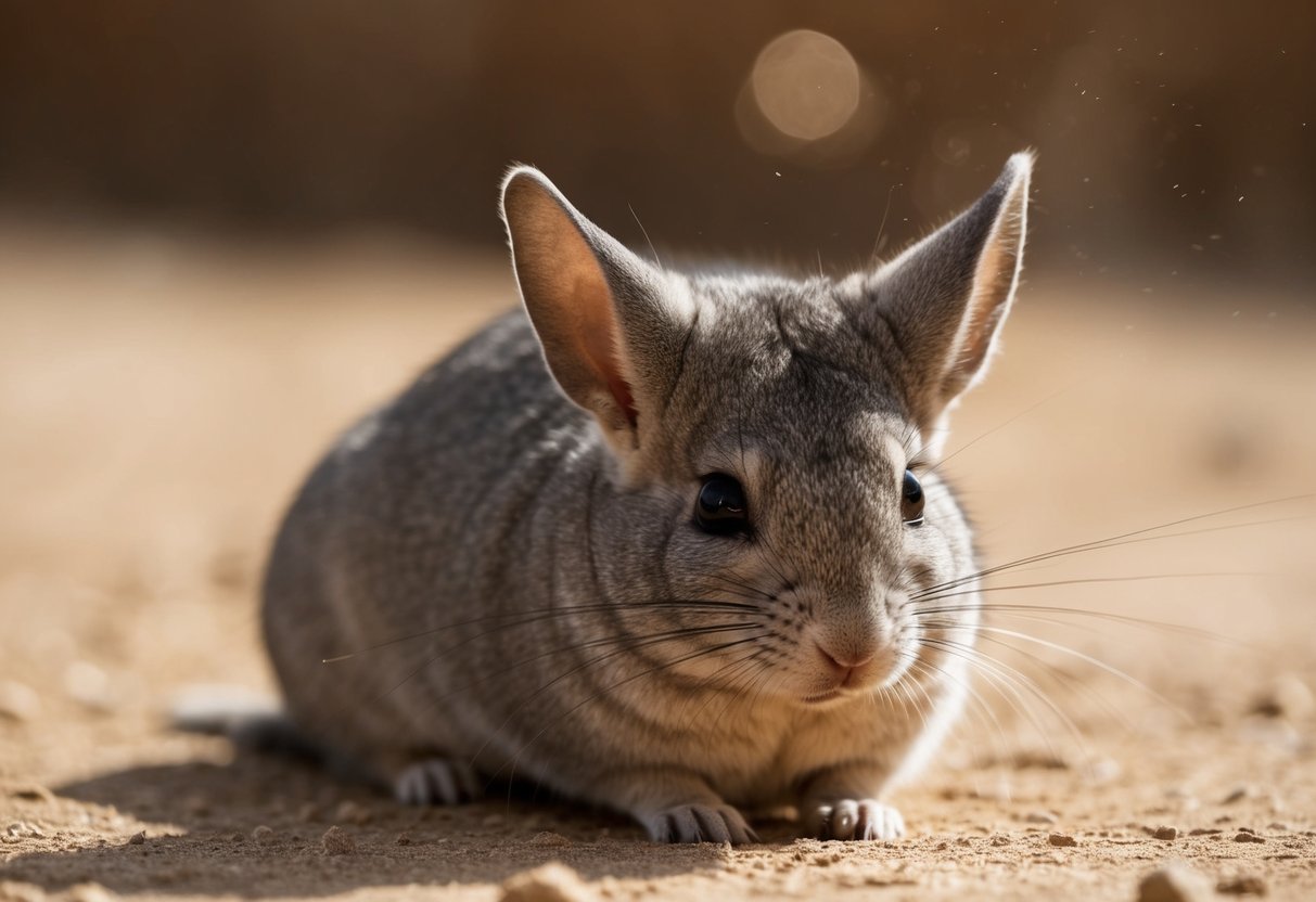 A chinchilla grooming itself in a dry, dusty environment, avoiding any contact with water