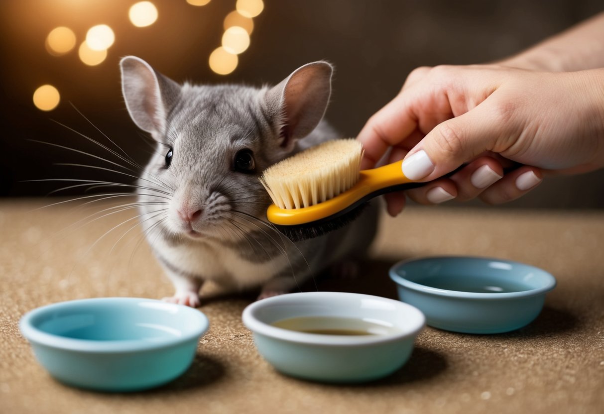 A chinchilla is being gently brushed with a soft bristle brush, surrounded by small bowls of water and dust for bathing