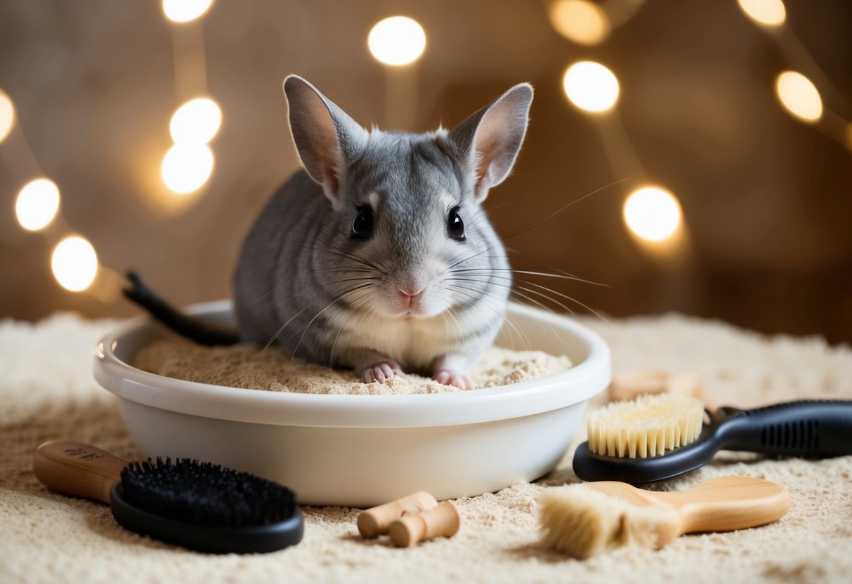 A chinchilla sits in a dust bath, surrounded by fluffy, soft bedding and chew toys. A small brush and grooming tools are nearby