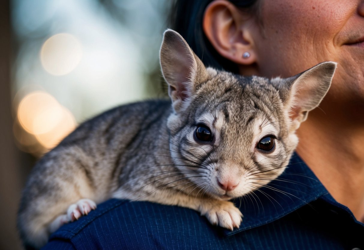 A chinchilla snuggles against its owner's chest, nuzzling affectionately