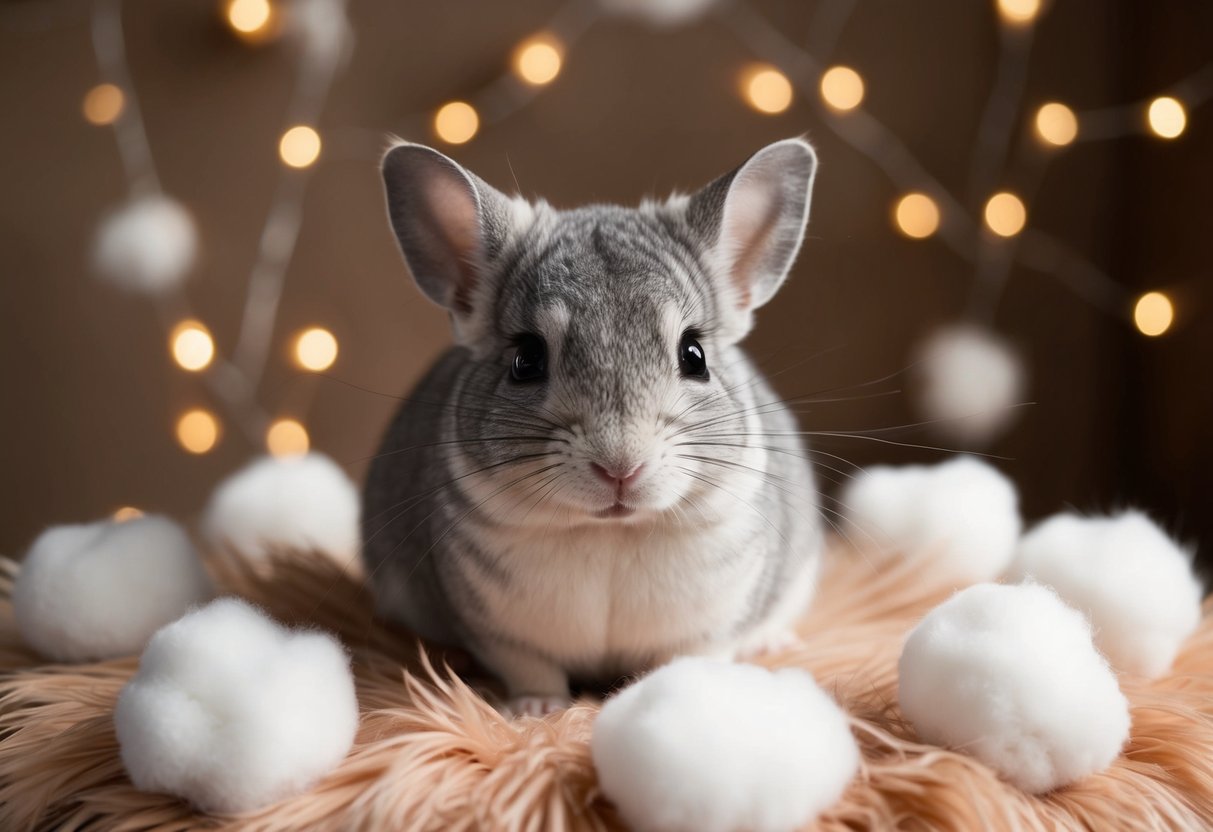 A chinchilla sits on a bed of soft, fluffy fur, surrounded by clouds of downy feathers and cotton balls