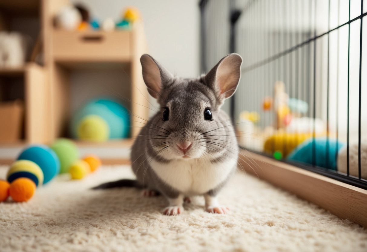 An indoor chinchilla sits in a spacious, well-lit cage with plenty of toys and a cozy sleeping area