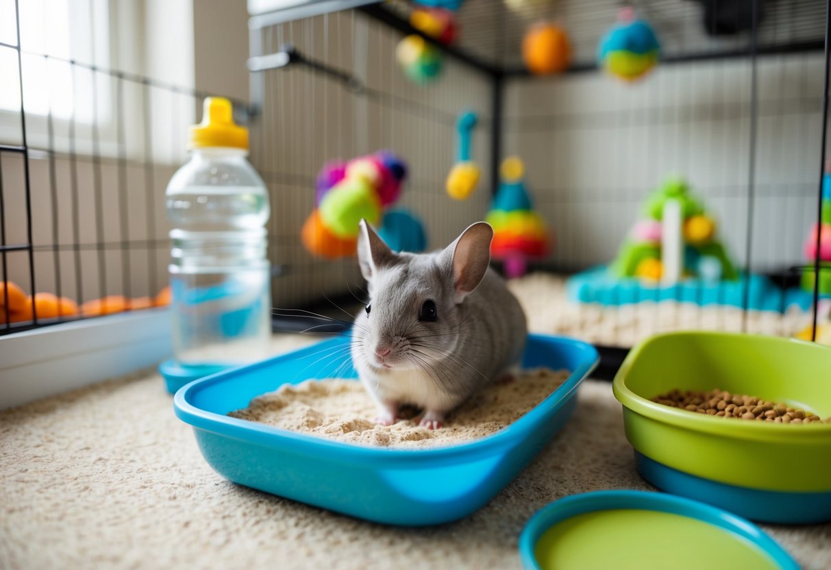 An indoor chinchilla in a spacious, well-equipped cage, surrounded by toys and a dust bath, with a water bottle and food dish nearby