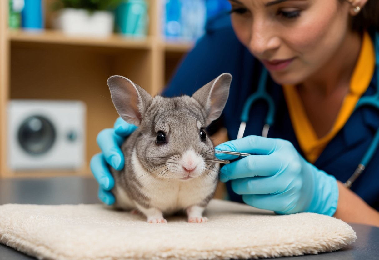 A chinchilla receiving veterinary care in a cozy indoor environment, with a veterinarian examining the small animal