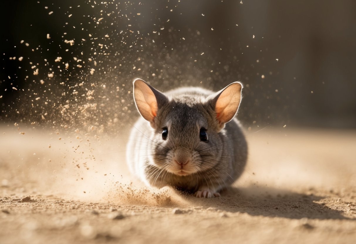 A chinchilla rolls in a cloud of dust, scattering particles in all directions