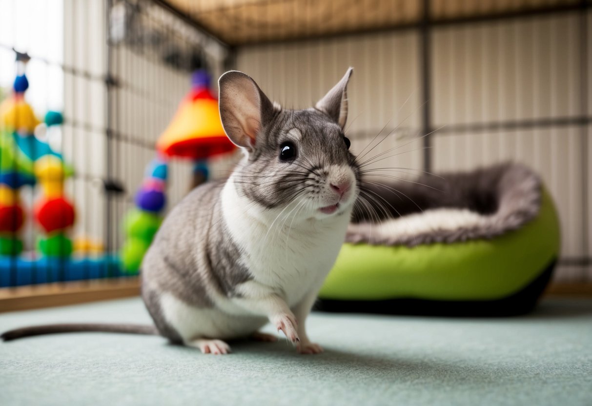 A chinchilla perks up and tilts its head at the sound of its name, sitting in a spacious, well-equipped cage with toys and a cozy sleeping area