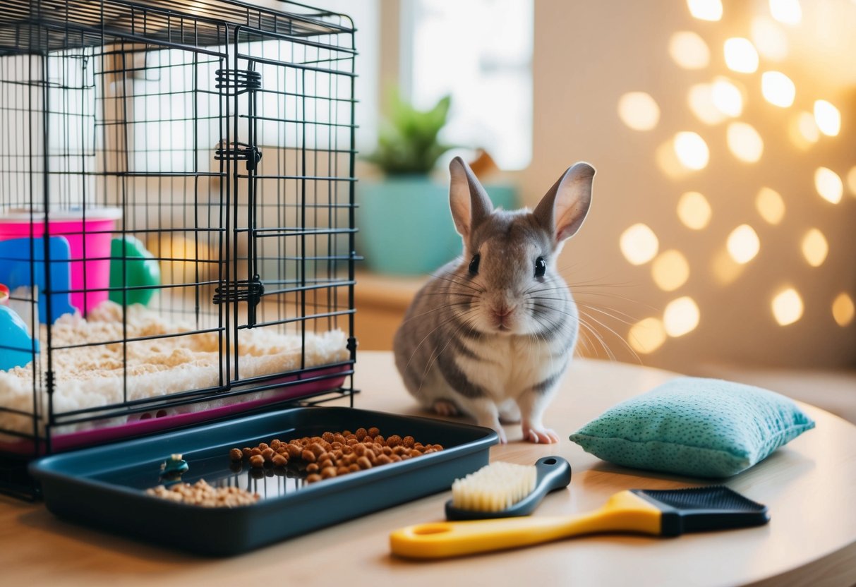 A chinchilla cage with food, water, toys, and bedding. A small brush and grooming tools nearby