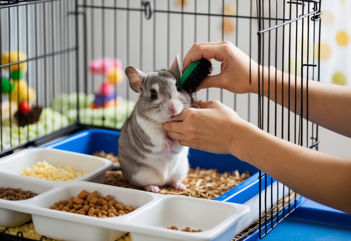 A chinchilla cage with toys, bedding, and food dishes. A person gently holding a chinchilla and cleaning its fur with a brush