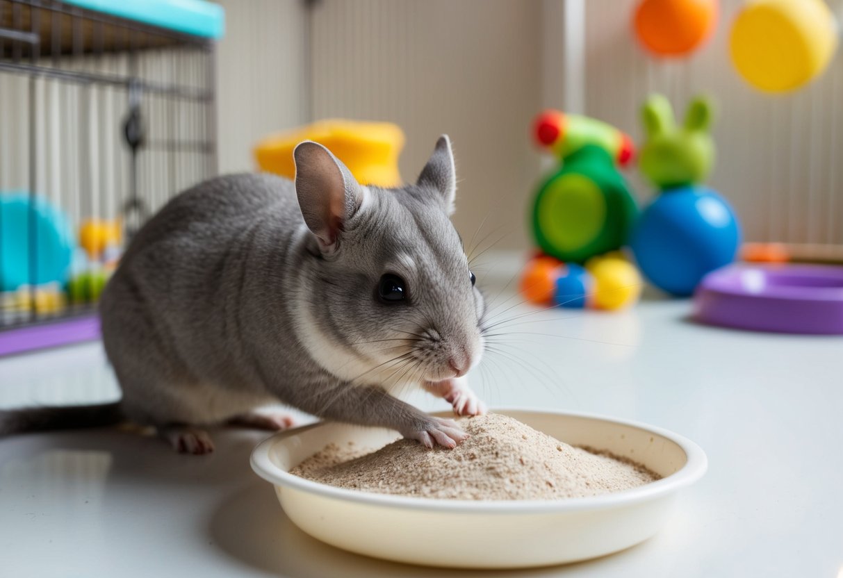 A chinchilla grooming itself in a spacious, clean cage with a variety of toys and a dust bath for maintaining its health and wellness