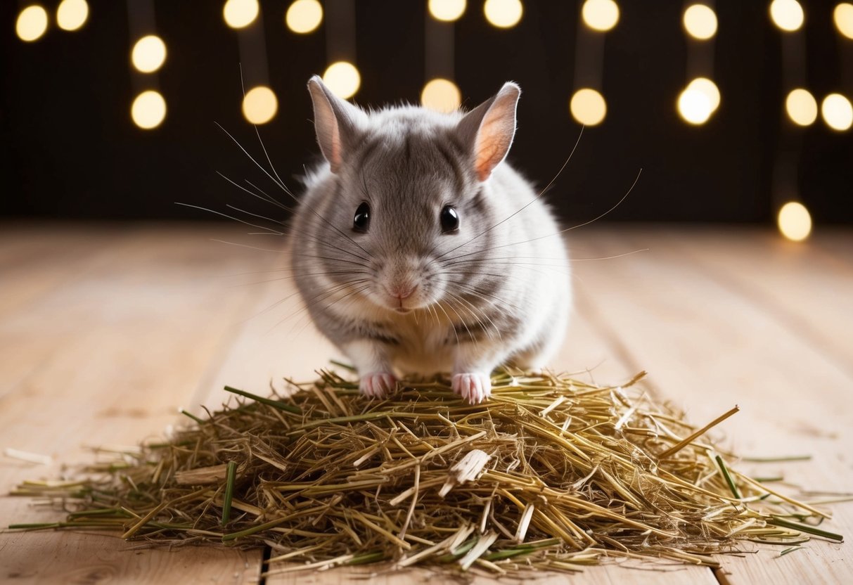 A chinchilla tumbles head over heels, its fluffy fur flying as it lands in a soft pile of hay