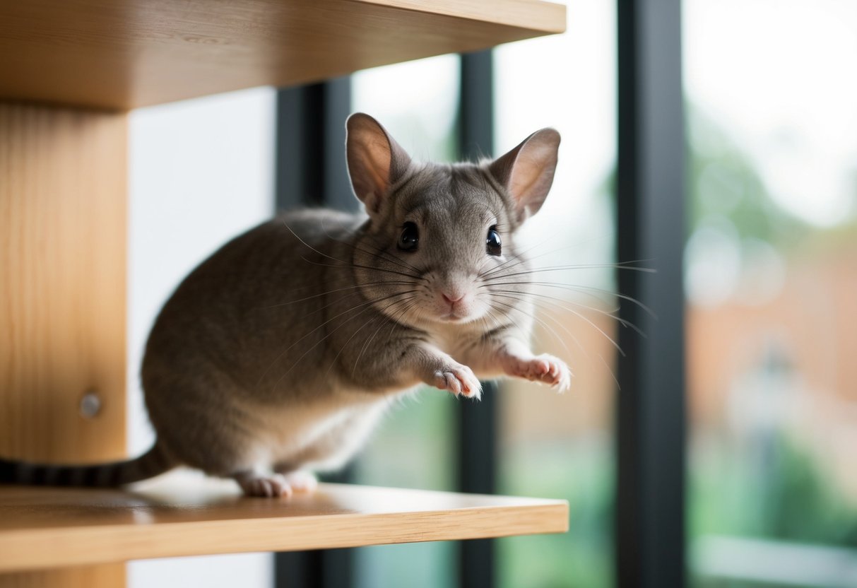 A chinchilla falls from a high shelf, landing on its feet with a slight stumble before quickly regaining its balance