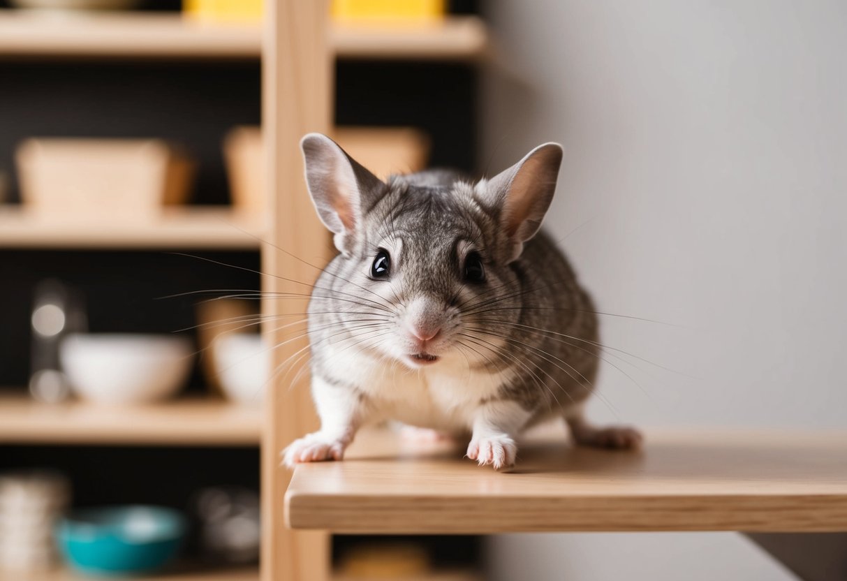 A chinchilla tumbles from a high shelf, landing on its feet with a startled expression