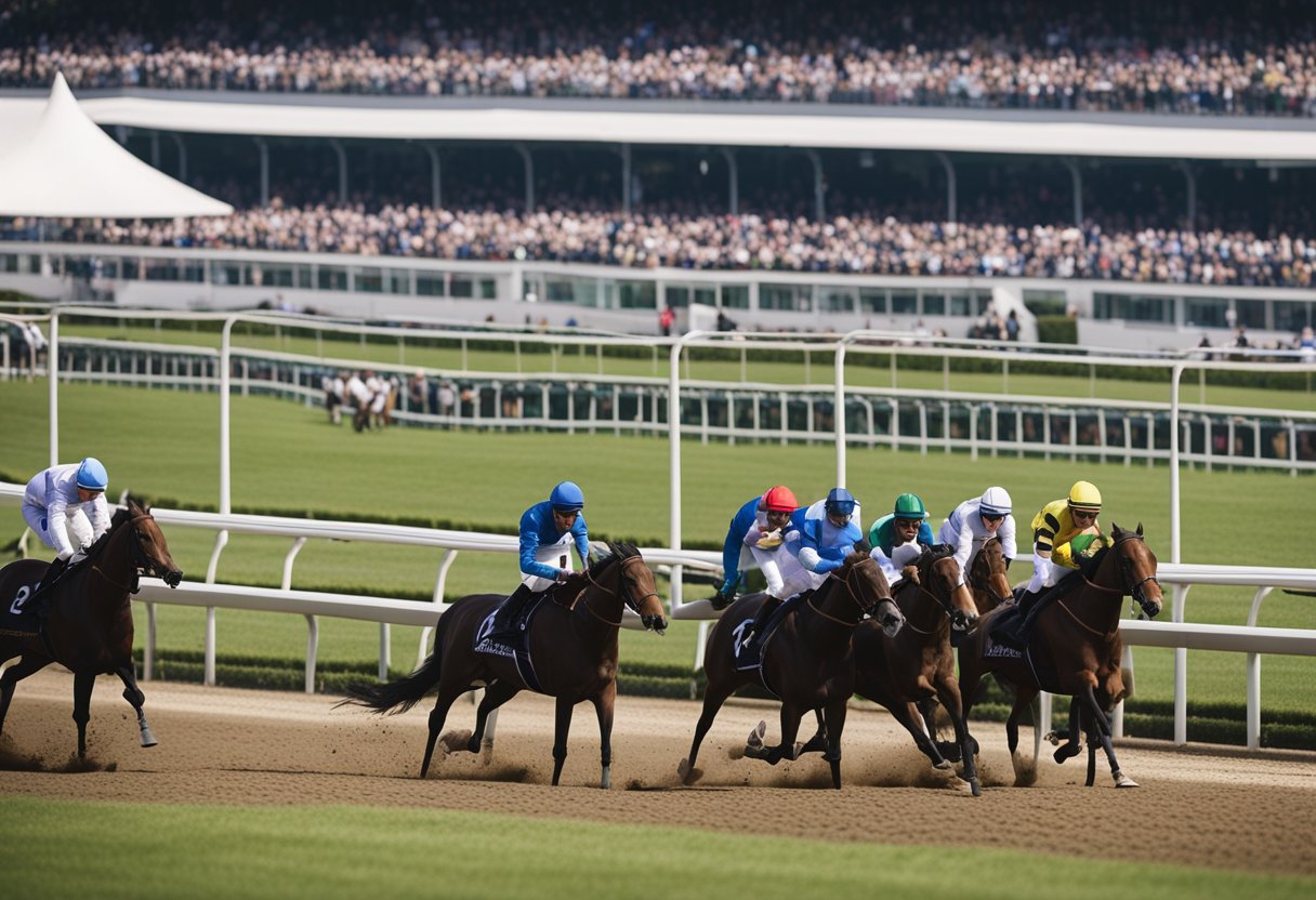 En travel hesteveddeløpsbane med hester og ryttere som forbereder seg til et løp, omgitt av entusiastiske tilskuere og trenere