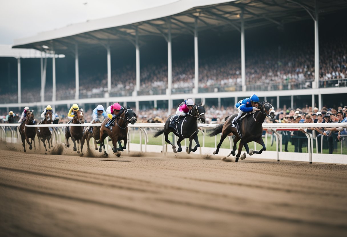 Et hest- og sulkyløp rundt en bane, med tilskuere som ser fra tribunen