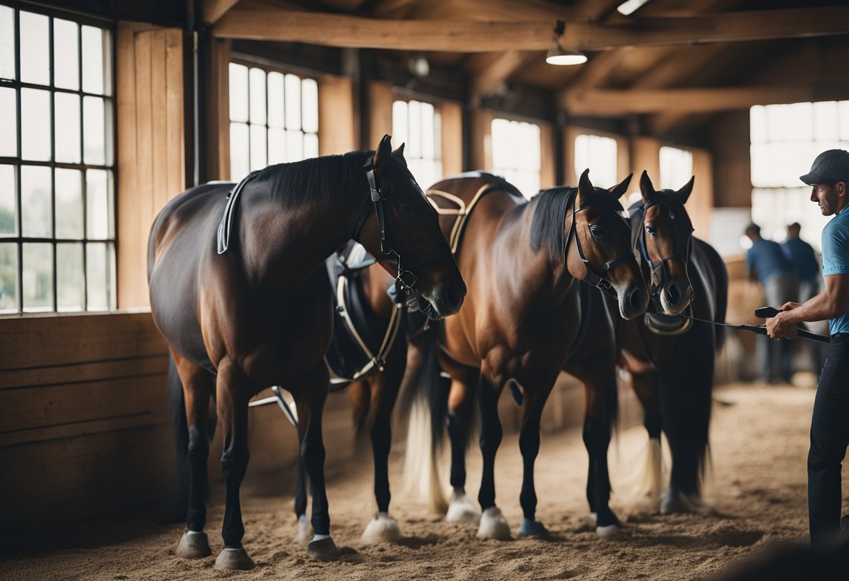 En travel hestestall med trenere som steller og forbereder hester for en hektisk racedag