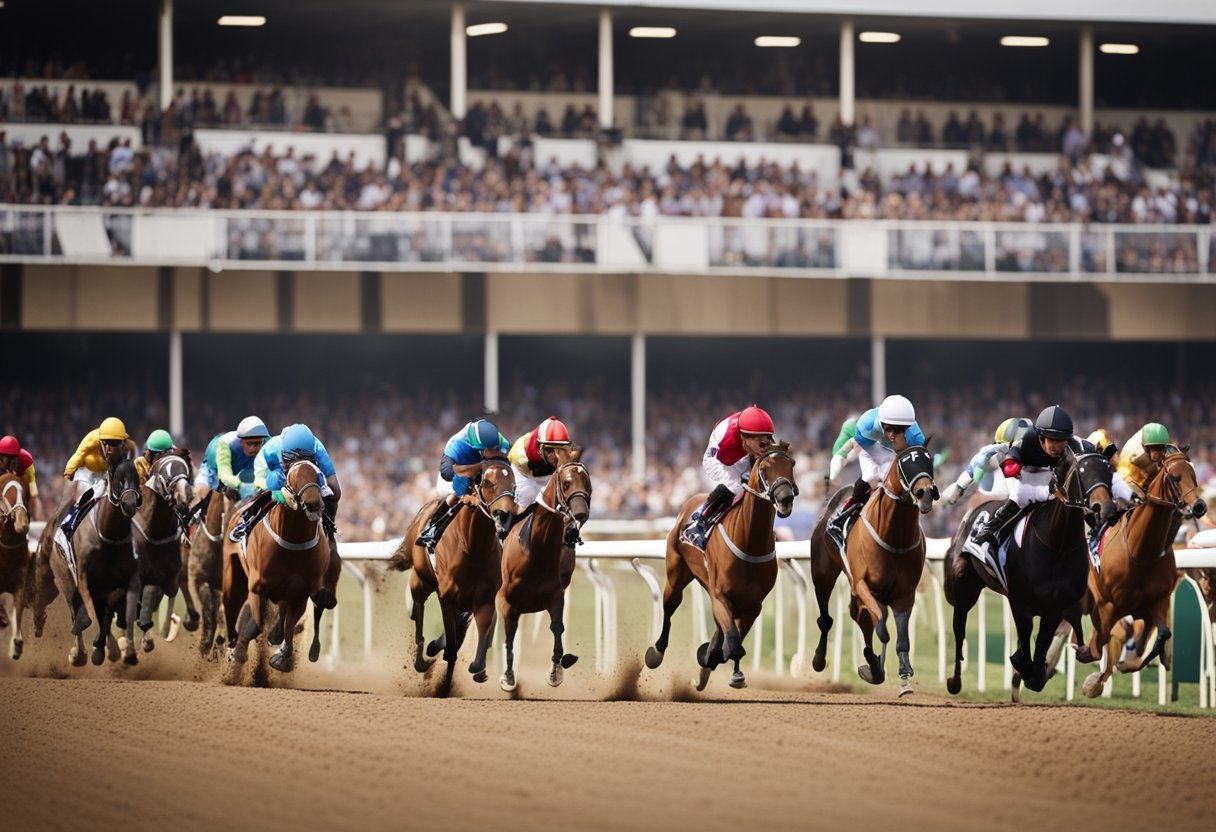 En gruppe hester som løper rundt en bane, med en mengde tilskuere som heier fra tribunene