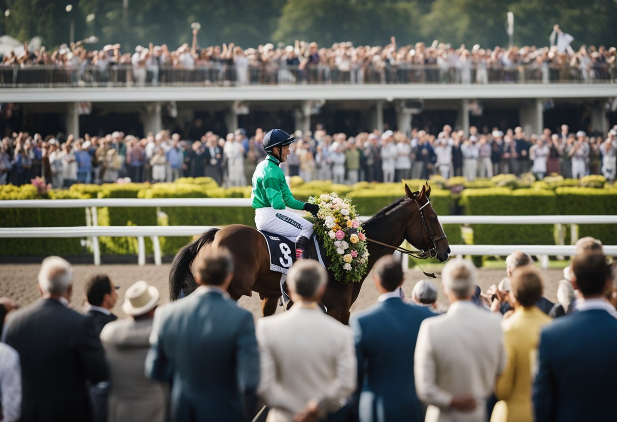 Etter løpet samles en gruppe hester og ryttere i vinnerens sirkel. Mengden jubler når den vinnende hesten føres inn, prydet med en blomsterkrans.