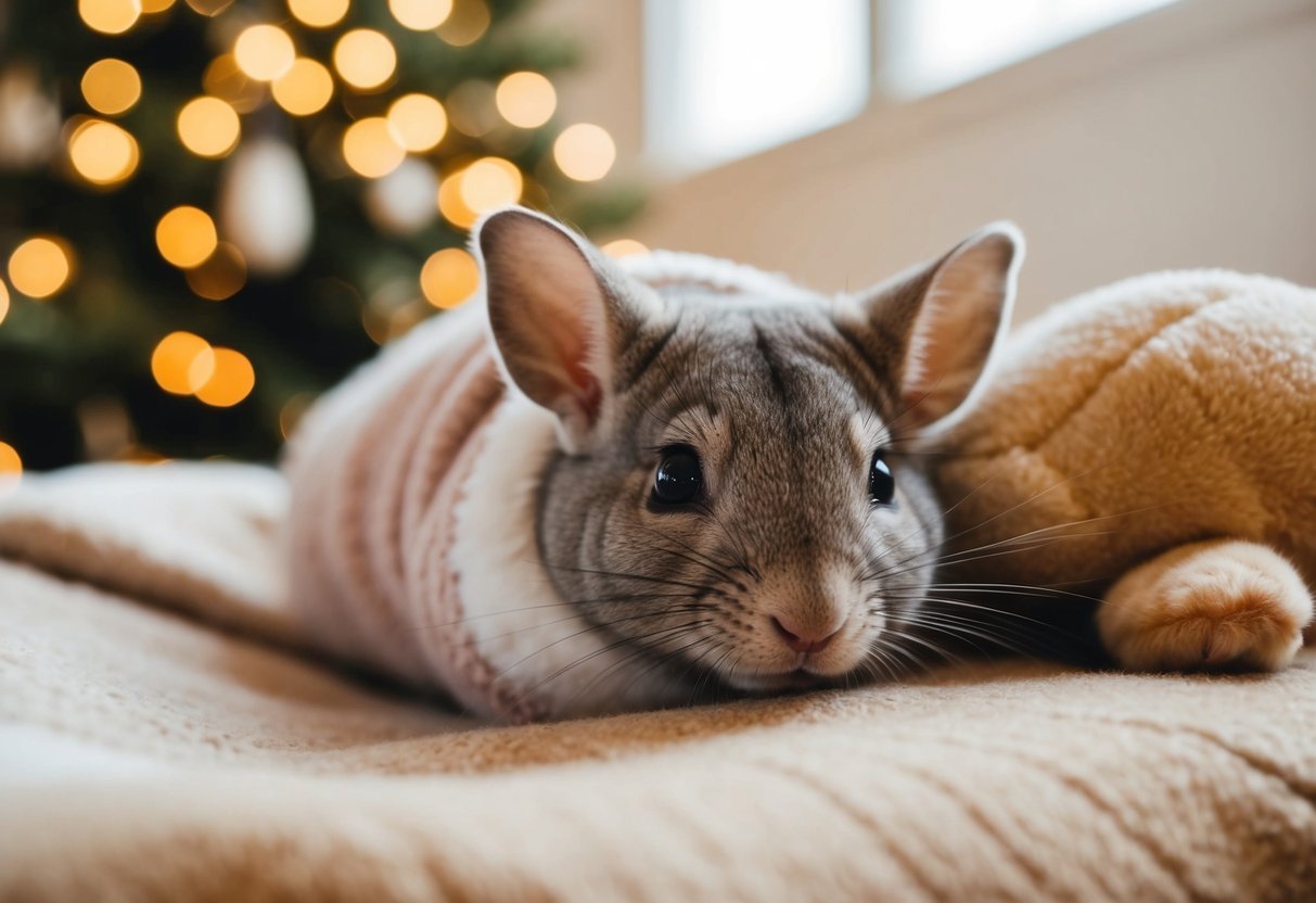 A chinchilla nestled in a cozy blanket, nuzzling against a plush toy
