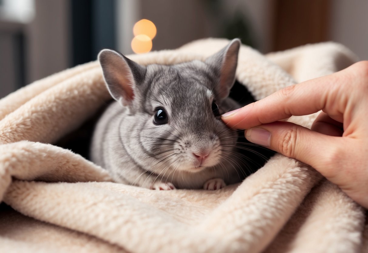 A chinchilla nestled in a cozy, soft blanket, with its fluffy fur gently being petted by a pair of delicate fingers