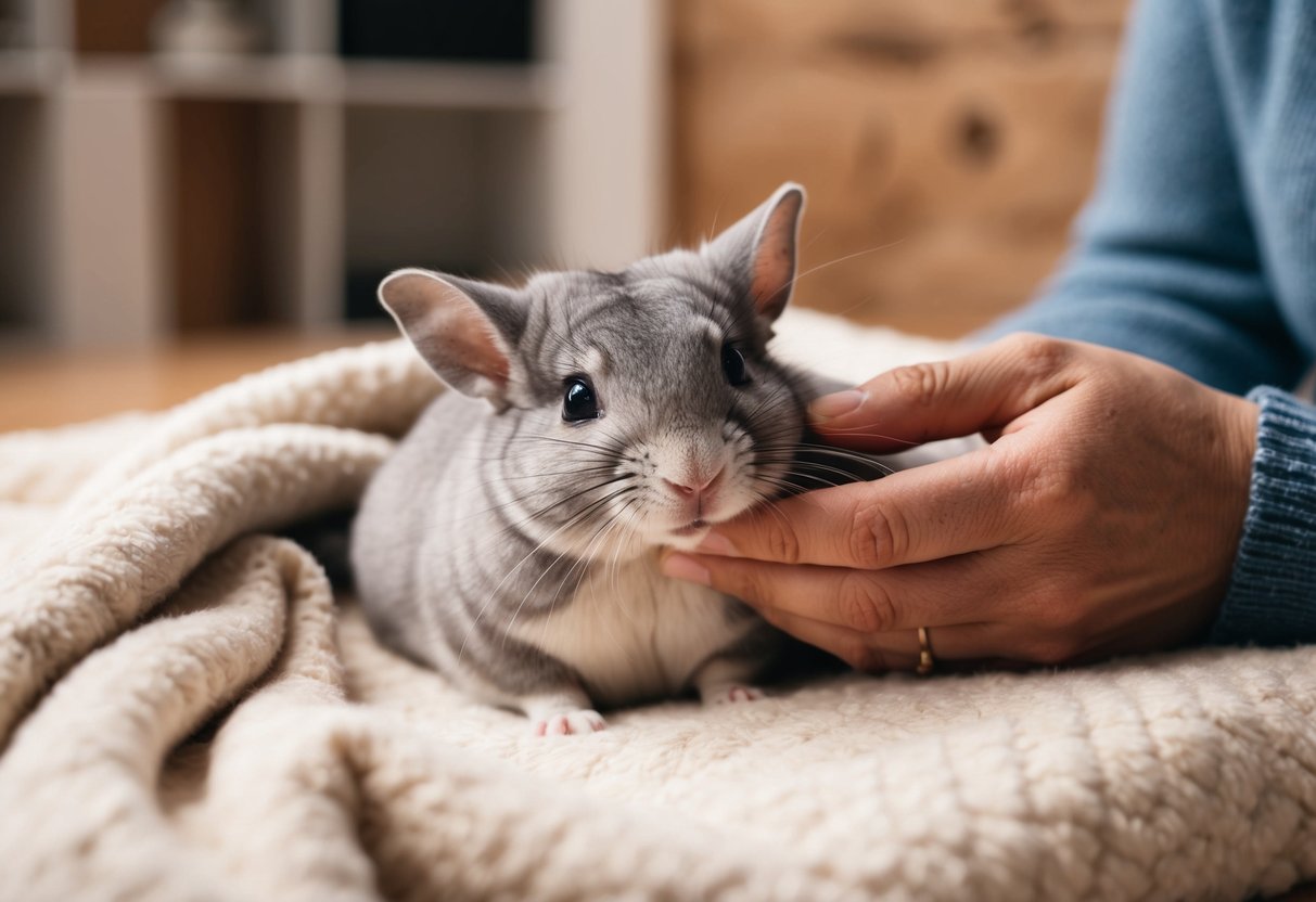 A chinchilla nestled in a cozy blanket, being gently petted by a caring owner