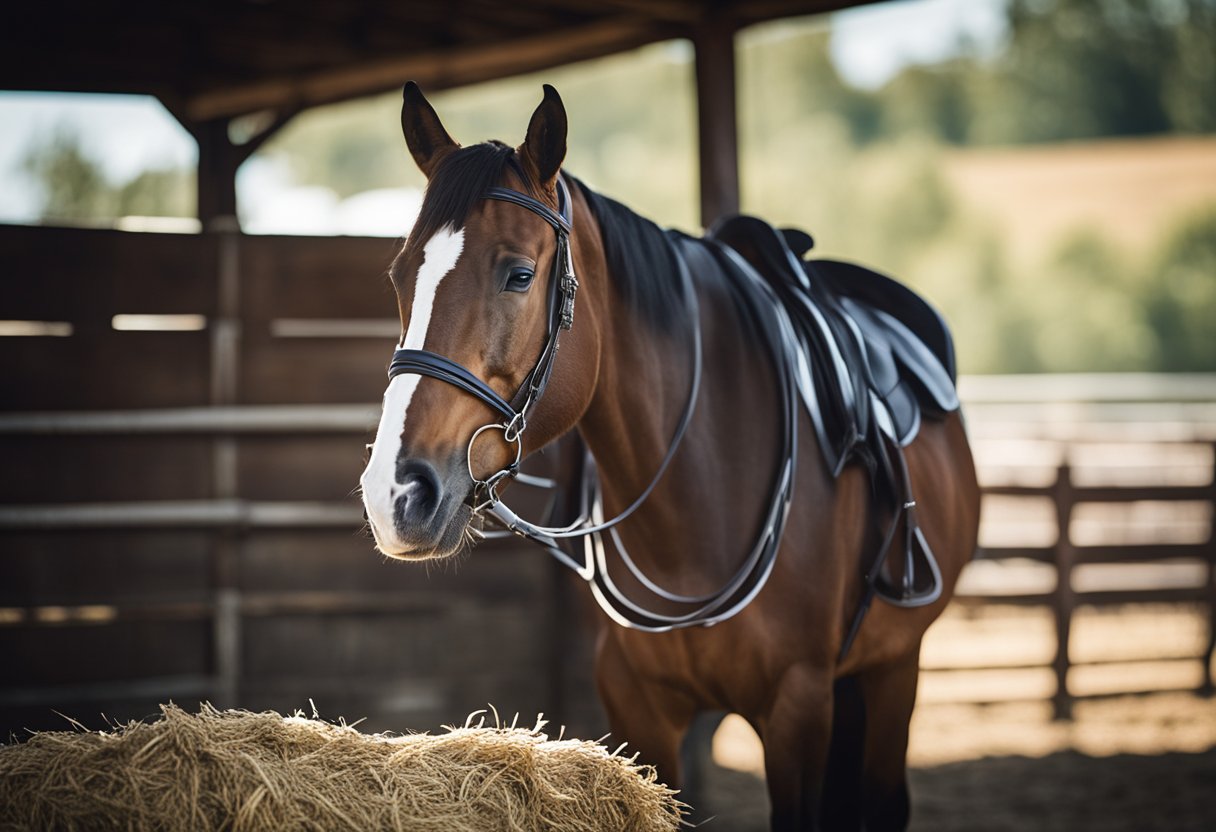 En hest utstyrt for konkurranse: sal, hodelag og beskyttende benbeskyttere, stående i en stall med høyballer og vanntrough