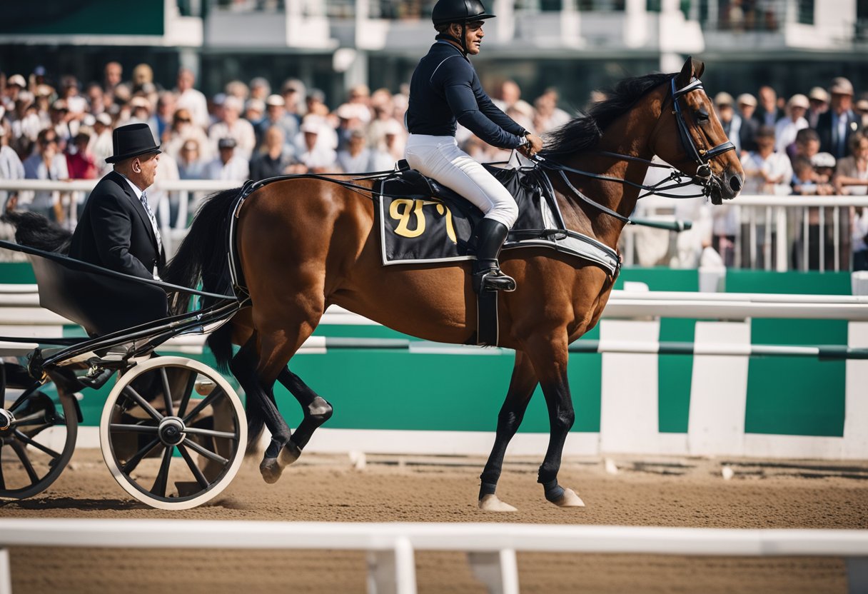 En hest i full seletøy med en sulky, travende på en racerbane omgitt av tilskuere og funksjonærer