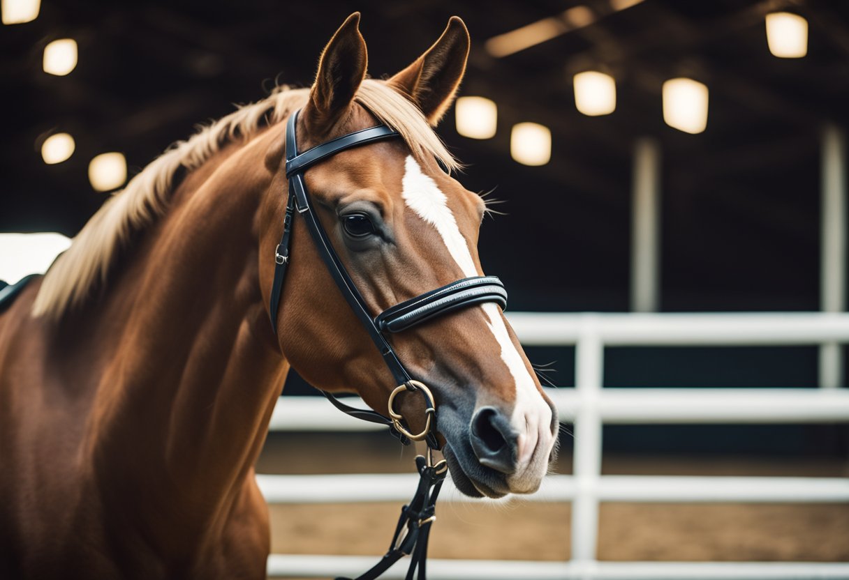 En hest i full konkurranseutstyr, inkludert sal, hodelag og beskyttende benbeskyttelse, som står i en godt opplyst stall