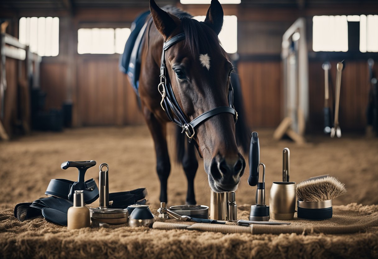 En hest med groomingverktøy og konkurranseutstyr pent lagt ut i en stallsetting