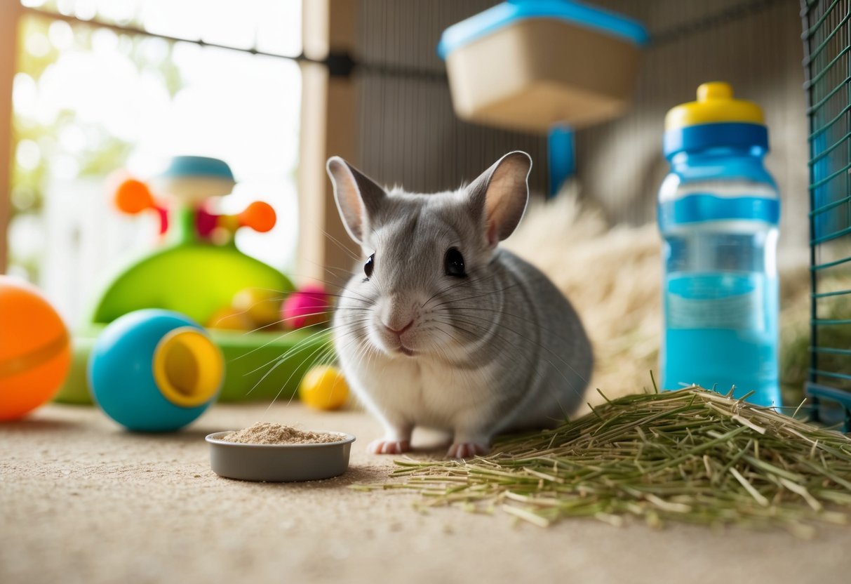 A chinchilla in a spacious cage with a variety of toys, a dust bath, and a cozy hiding spot. Fresh hay and water bottles are easily accessible