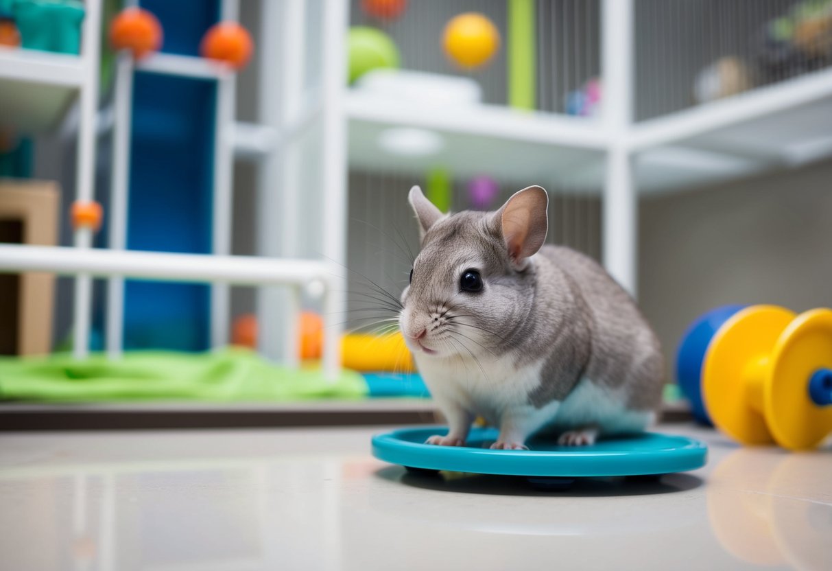 A chinchilla grooming itself in a spacious, clean enclosure, with a running wheel and various toys for exercise and enrichment
