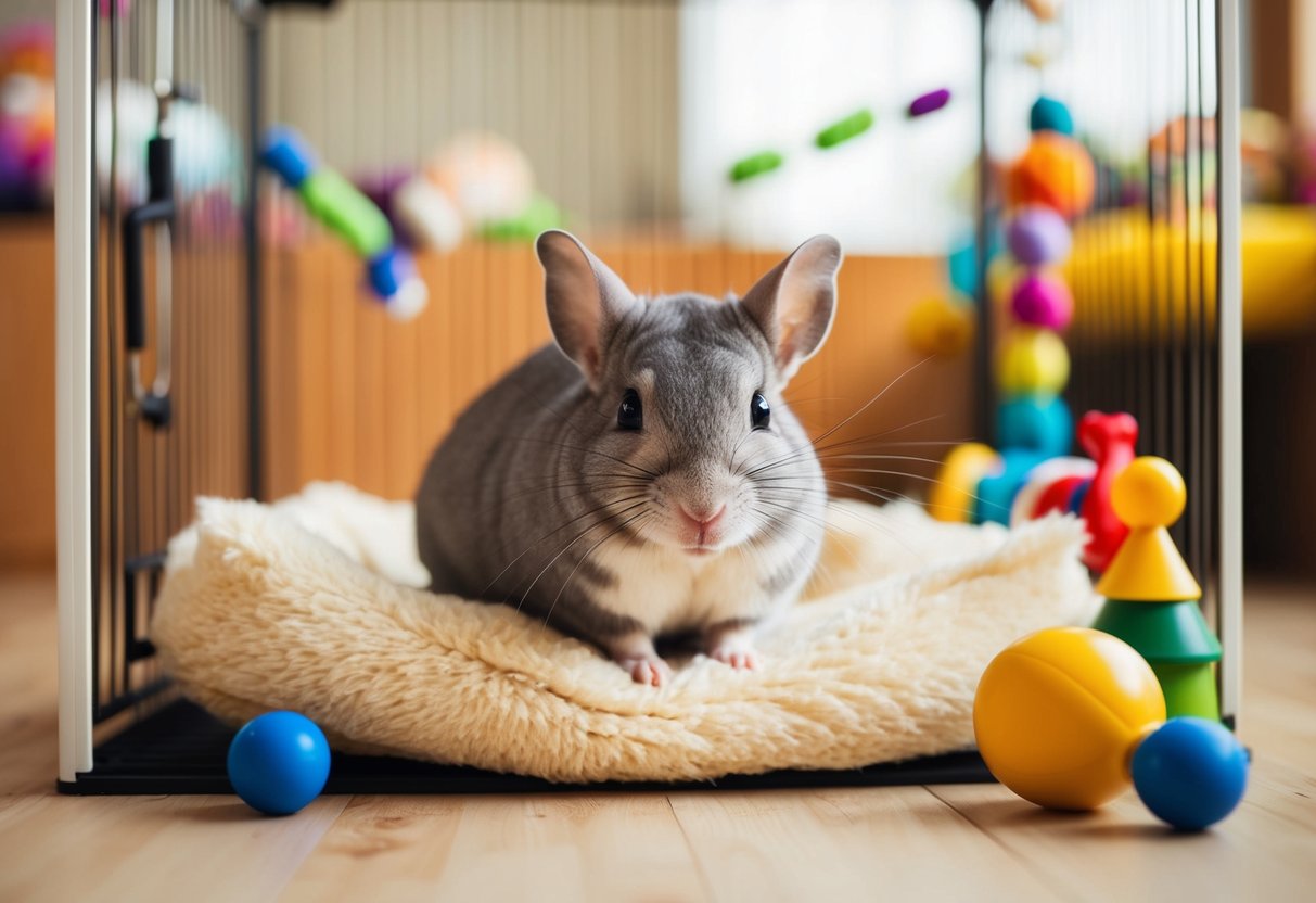 A chinchilla sits contentedly in a spacious, well-furnished cage, surrounded by toys and a fluffy bed