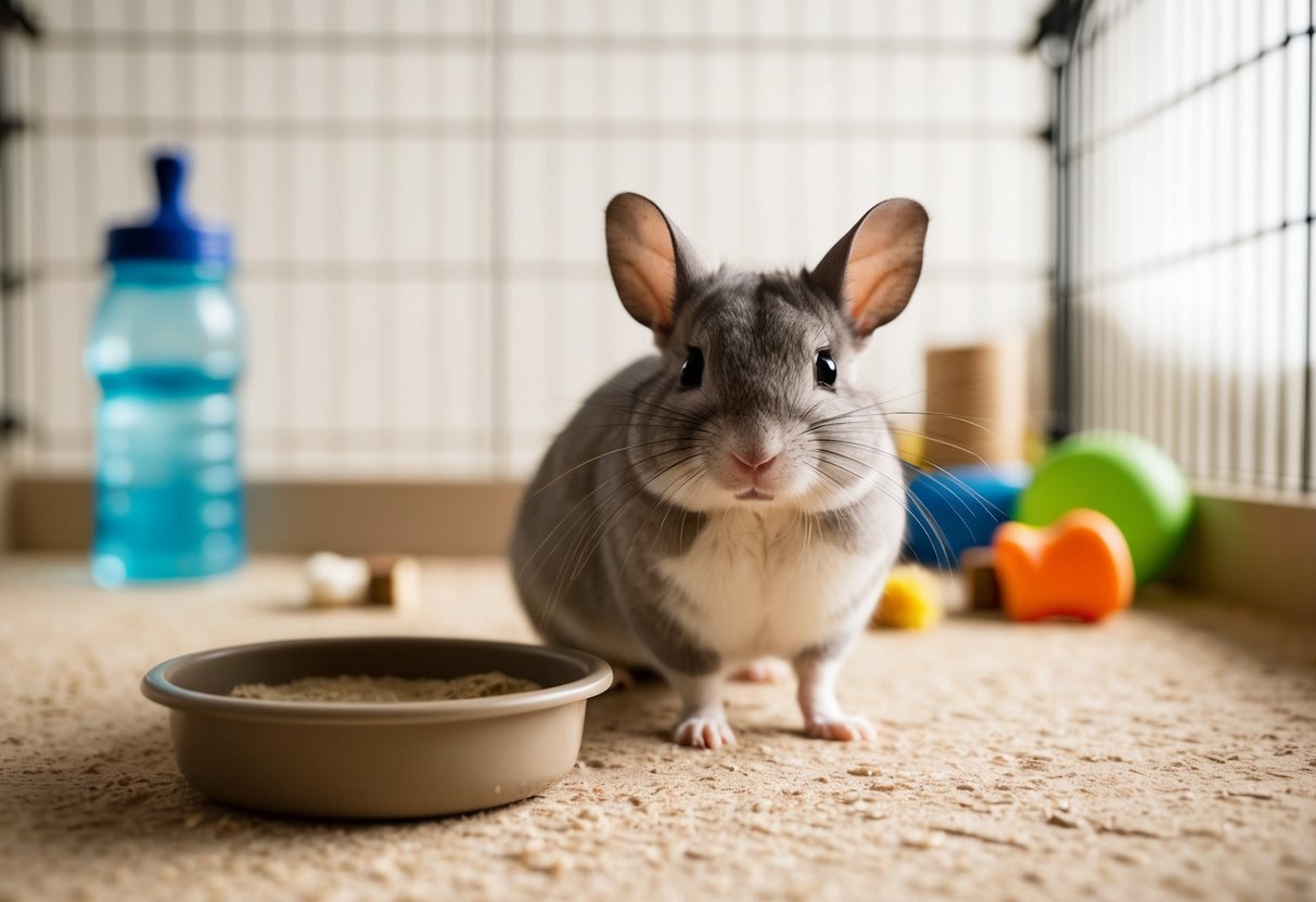 A chinchilla sitting in a spacious, well-ventilated cage with a dust bath, water bottle, and chew toys
