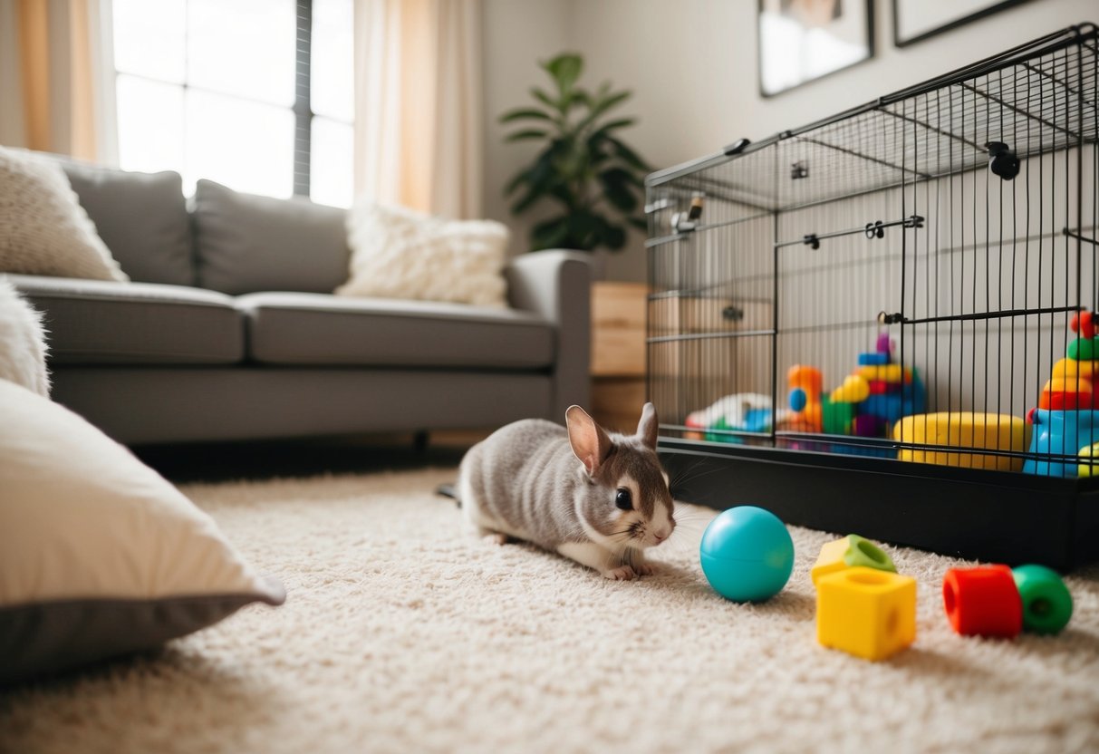 A cozy living room with a spacious cage, toys, and a chinchilla exploring its new home