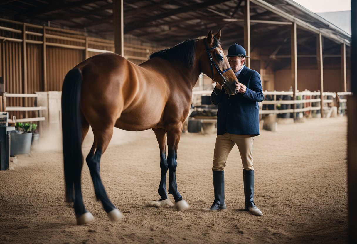 En hestepasser som steller staller og mater hester i en travel travhestefjøs