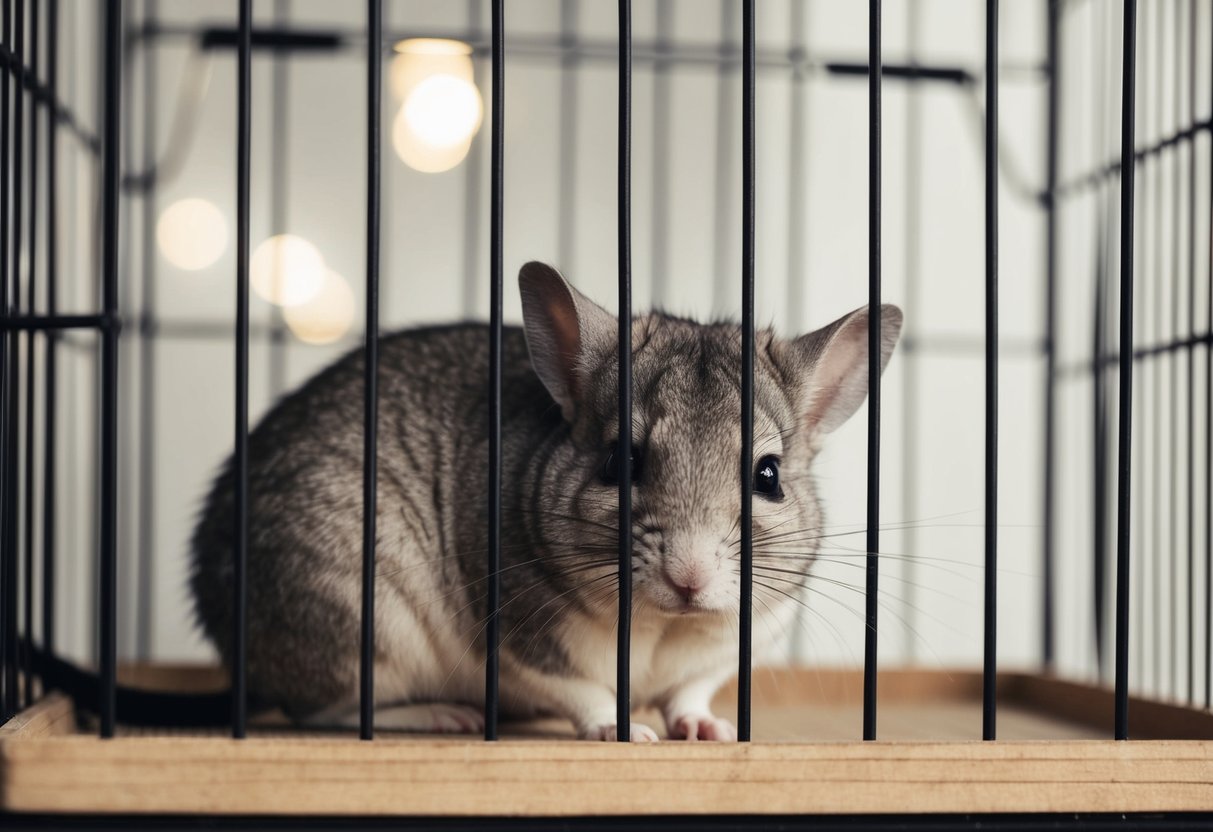 A chinchilla sitting alone in a large cage, with a sad expression and drooping posture. Its fur looks unkempt and it appears to be listless