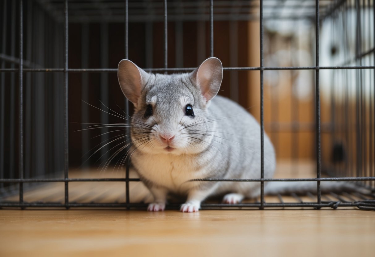 A single chinchilla sitting alone in a barren cage, with a sad and forlorn expression on its face