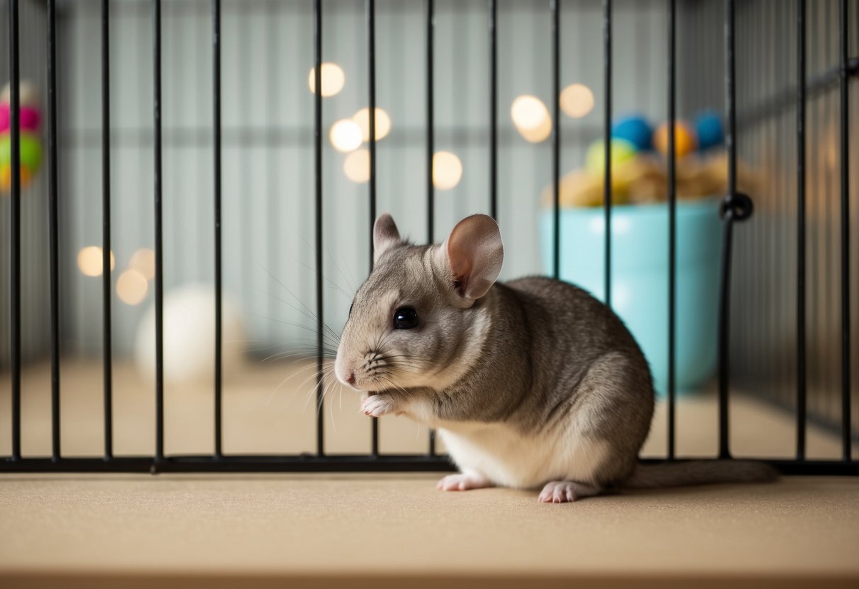 A chinchilla sits alone in a barren cage, with no toys or companions. Its body language appears despondent, with drooping ears and a hunched posture