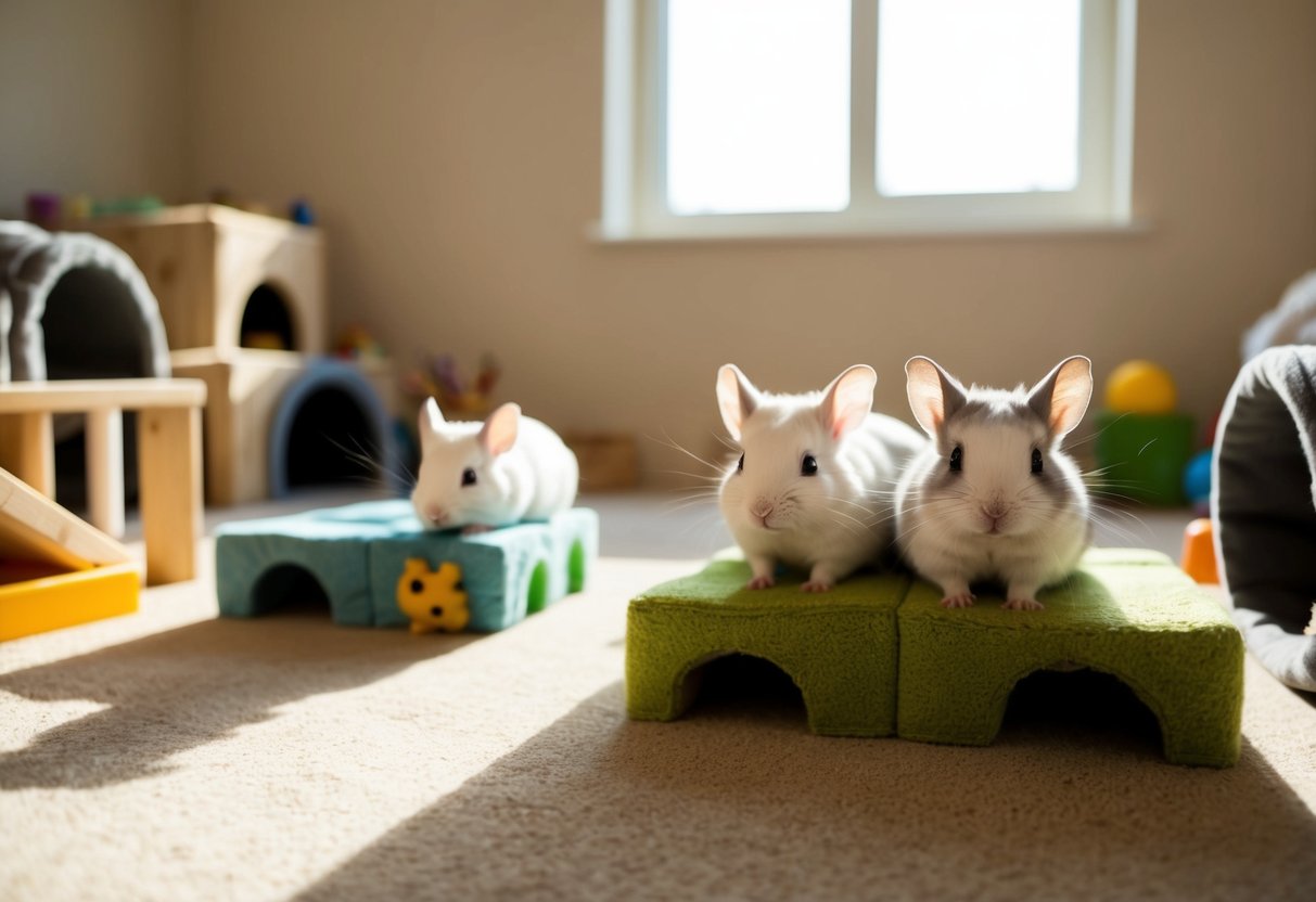 Chinchillas explore a spacious, safe room with tunnels, platforms, and toys. Sunshine streams through a window, casting shadows on the floor