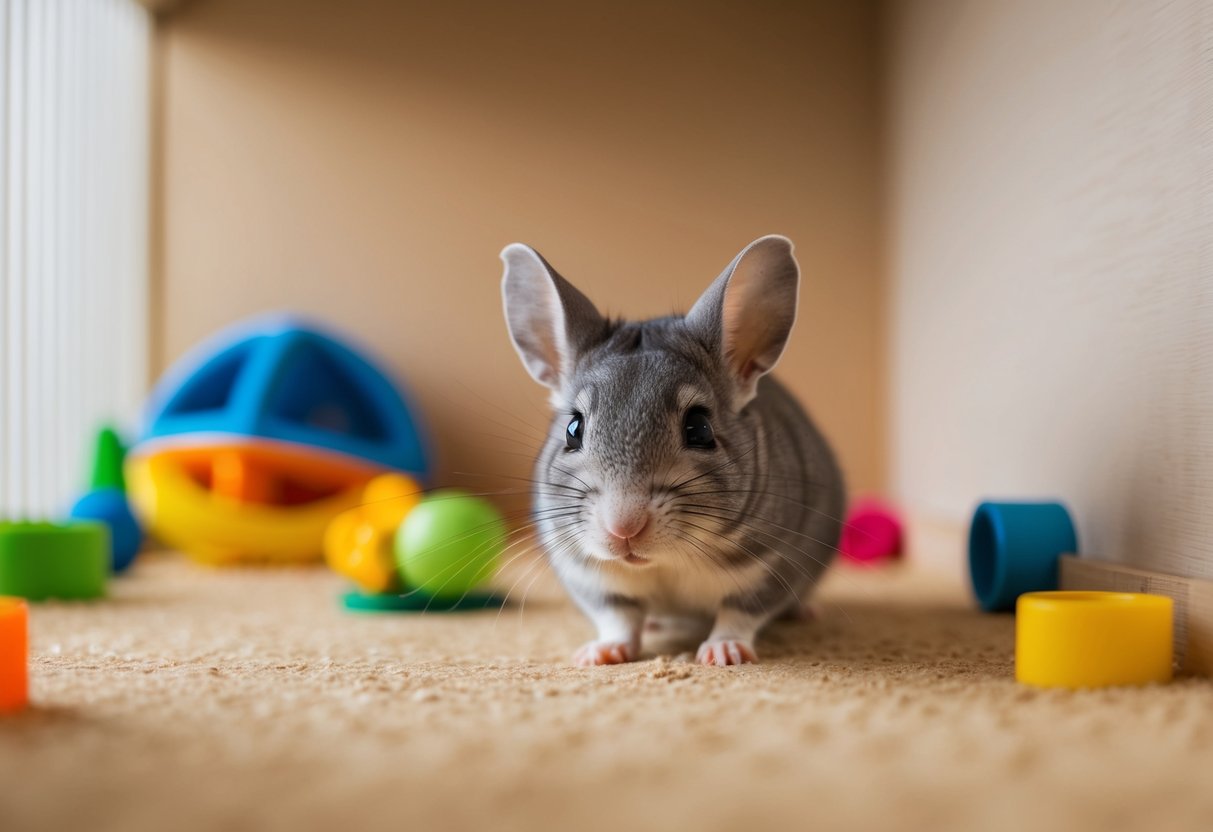 A chinchilla explores a safe, enclosed space with toys, hiding spots, and access to food and water