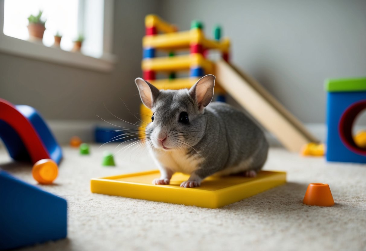 A chinchilla explores a spacious, secure room with ramps, tunnels, and chew toys