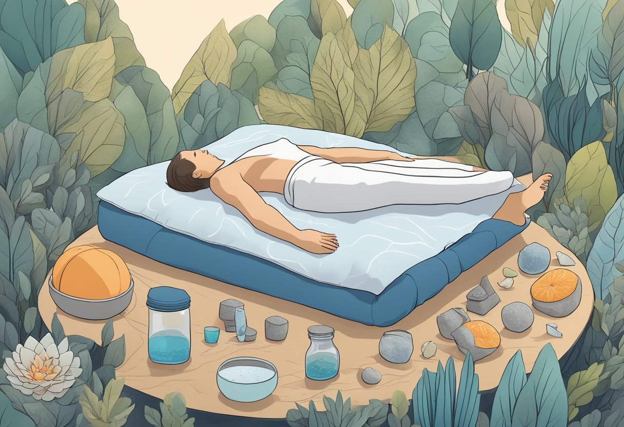 Une figure sereine pratiquant la technique de respiration Wim Hof, entourée d'aides au sommeil apaisantes, d'outils de contrôle de l'anxiété et d'aliments nourrissants.