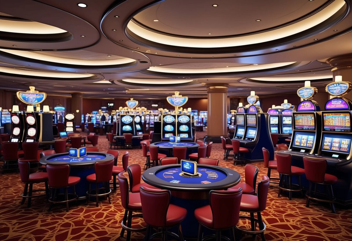 A bustling casino floor with slot machines, card tables, and a vibrant atmosphere