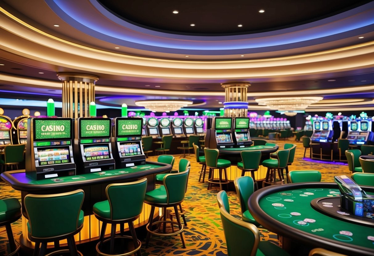 A colorful casino with spinning green-themed slot machines, card tables, and bright lights