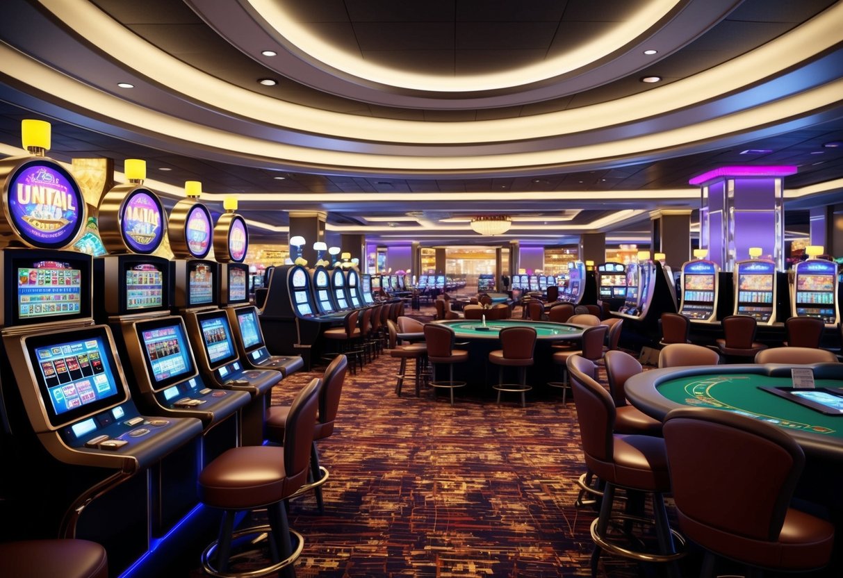 A bustling casino floor with rows of slot machines and card tables, colorful lights and energetic atmosphere